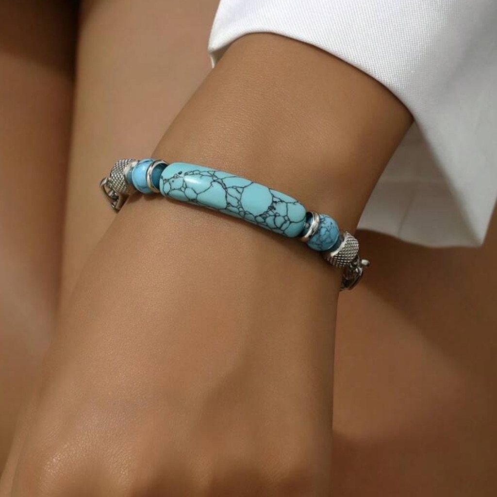 Natural Turquoise Stone And Stainless Steel Chain Bracelet